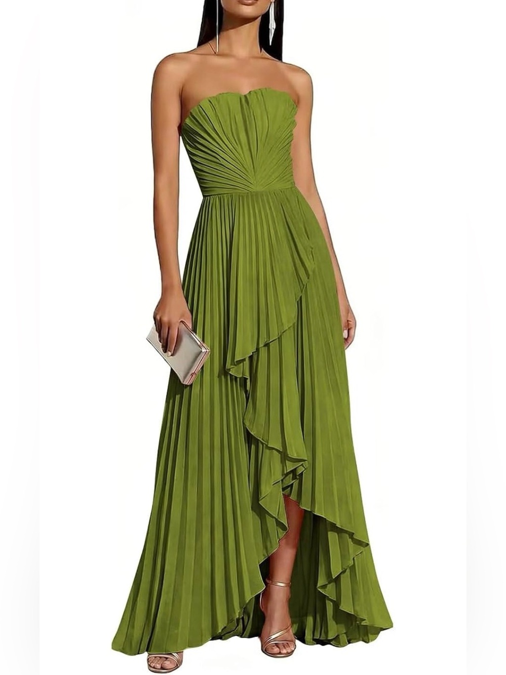 Strapless Olive Green Pleated Ruffle Maxi Dress-Small